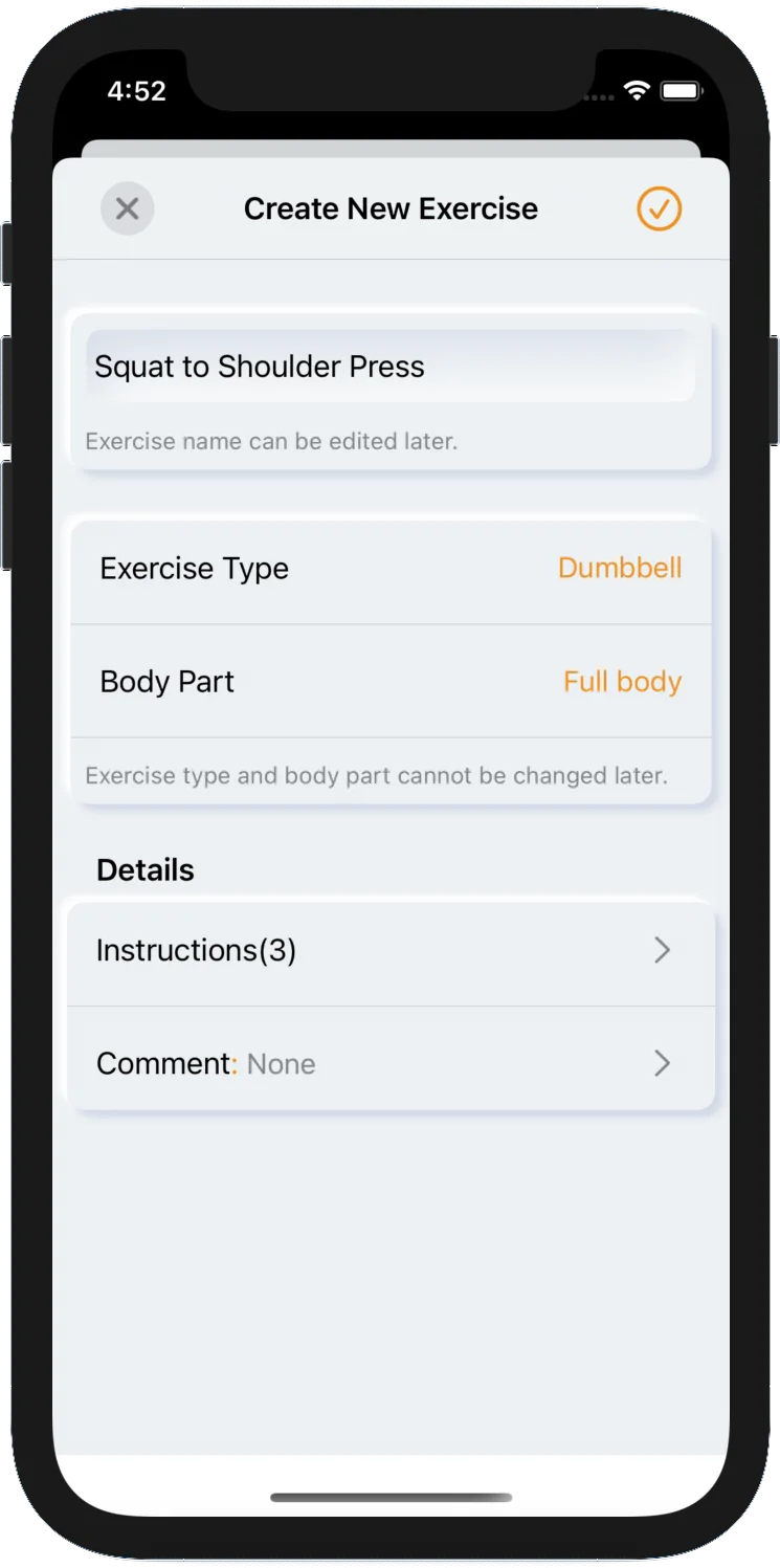 Creating a custom exercise with type, body part and bodyweight percentage