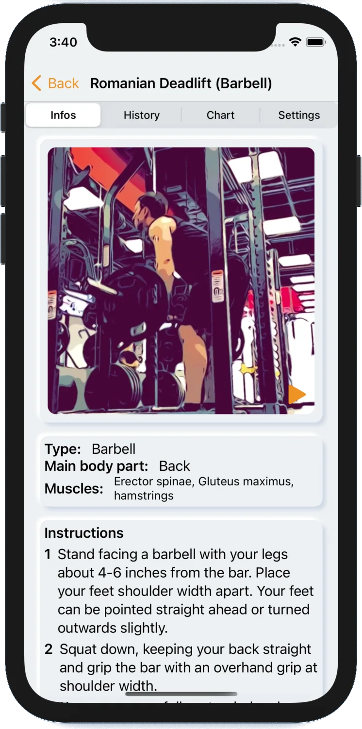 Exercise library showing a bench press with photos, muscles worked and instructions