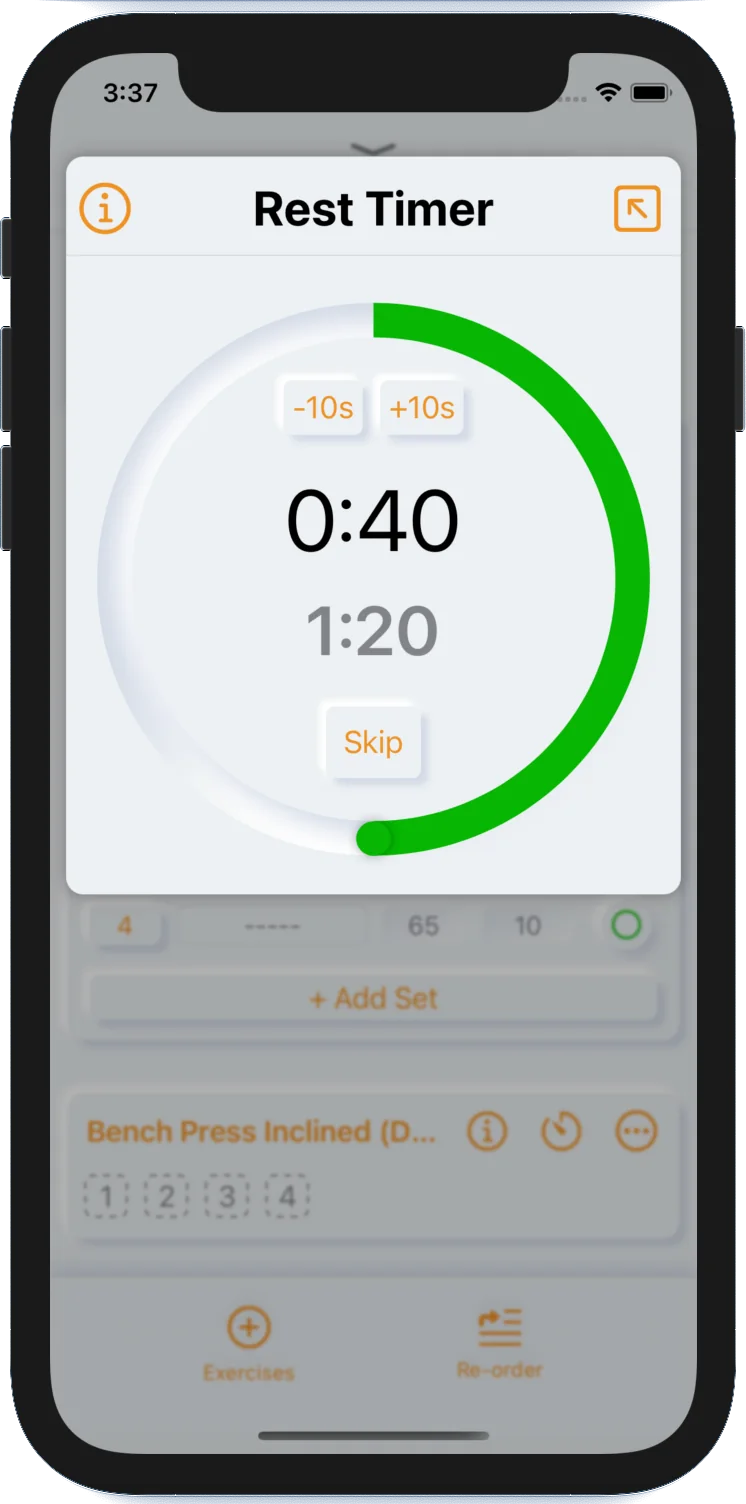 Rest timer screen with a countdown and per-exercise timer settings