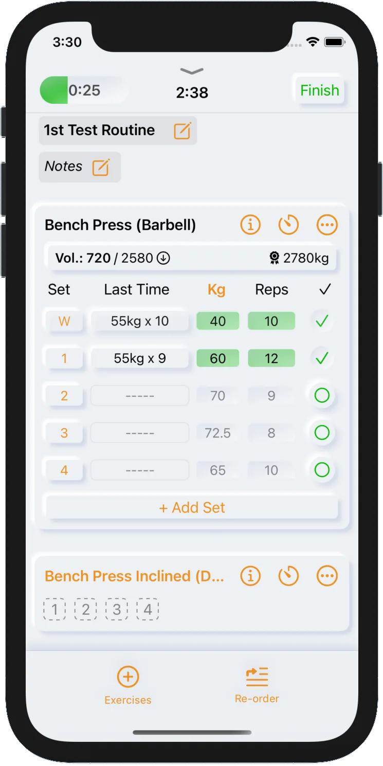 Workout screen in light mode with bench press sets, weights and reps